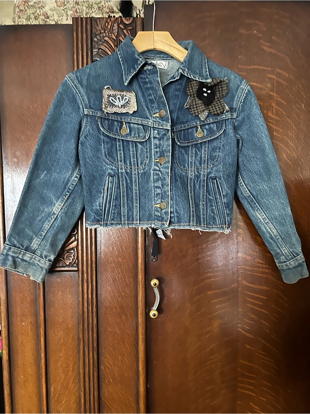 HANDMADE Womens Blue XS Denim Cropped Jacket with Appliqué